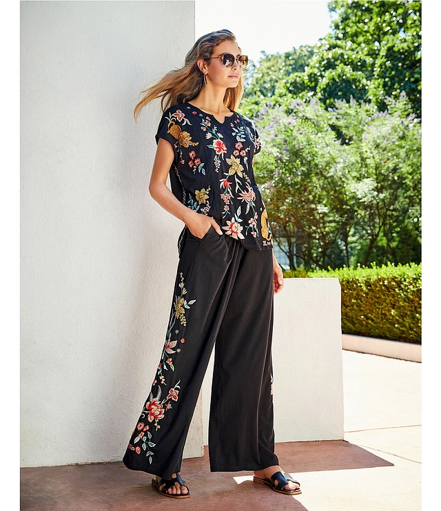 JOHNNY WAS Andrean Drawstring Elastic Waist Embroidered Wide