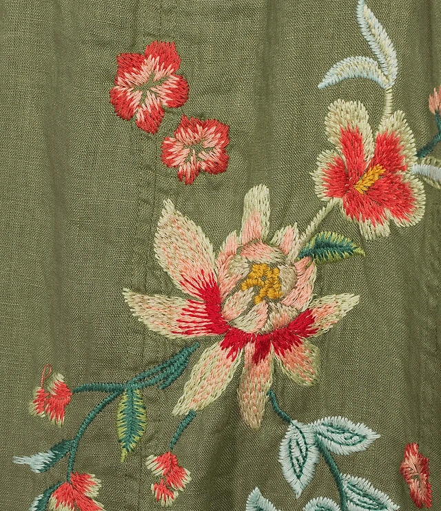 JOHNNY WAS Andrean Embroidered Floral & Tiger Motif Linen V