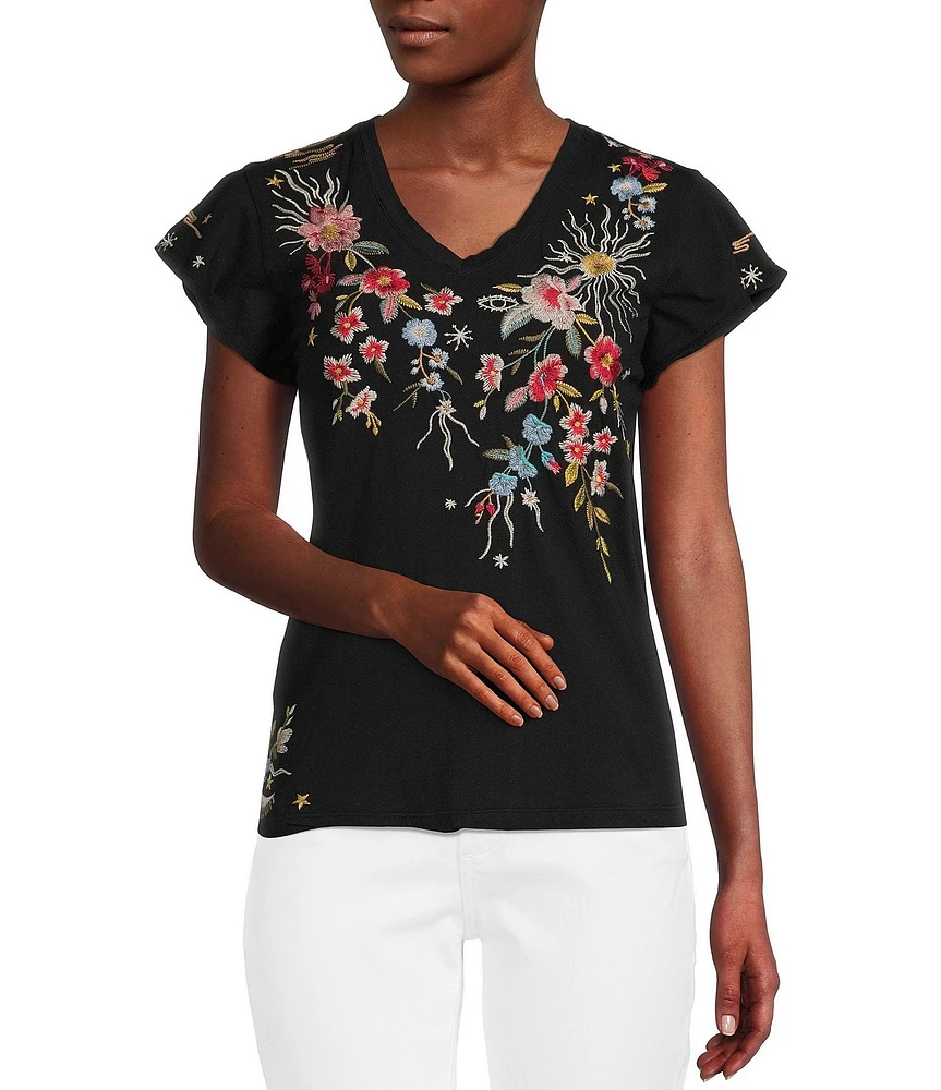 JOHNNY WAS Lissa Embroidered Floral Print Cotton Knit Jersey