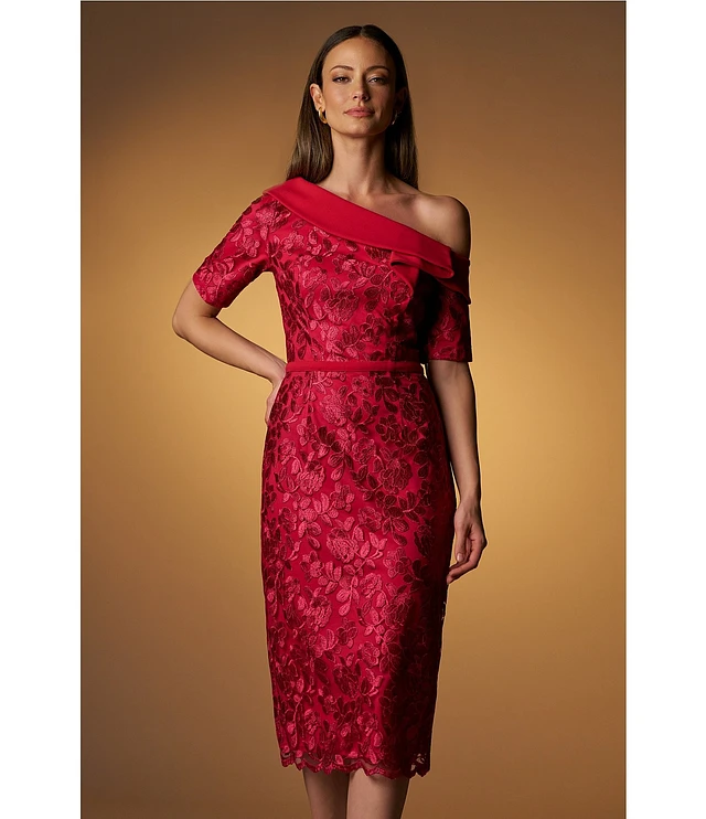 JS Collections Floral Pattern Embroidered Mesh One Shoulder