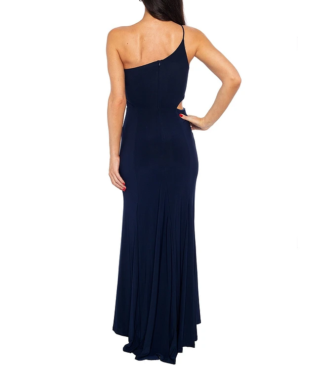 DRESS THE POPULATION Dress Size S sold Blue Ruffle One Shoulder Gown Maxi Slit