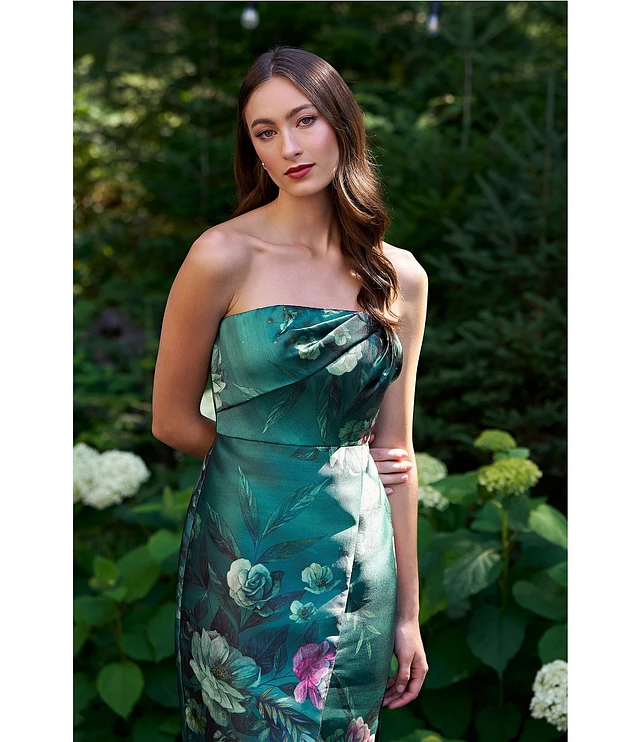 Kay Unger Floral Mikado Strapless Pleated Bodice Sleeveless