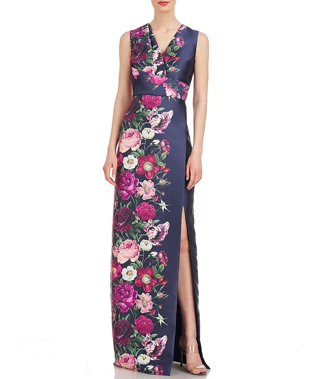 Kay Unger Floral Mikado V-Neck Sleeveless Side Slit Gown at