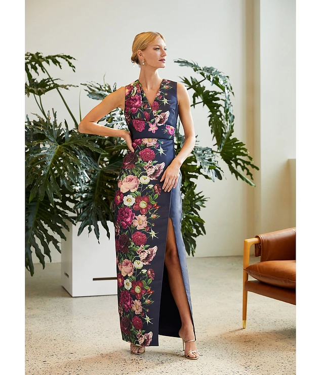 Kay Unger ケイアンガー 花柄ドレス Kay Unger V-Neck Abstract Floral Mikado Pleated Waist Front