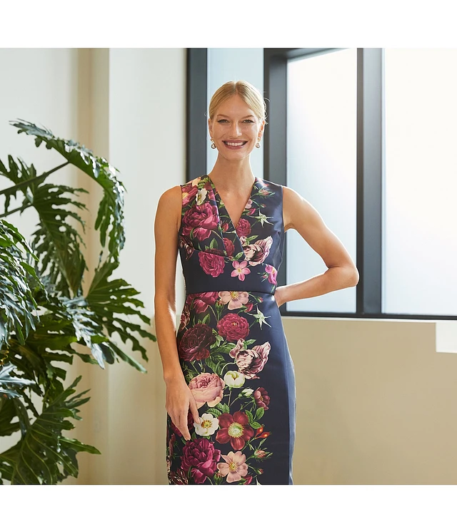 Kay Unger Floral Mikado V-Neck Sleeveless Side Slit Gown at