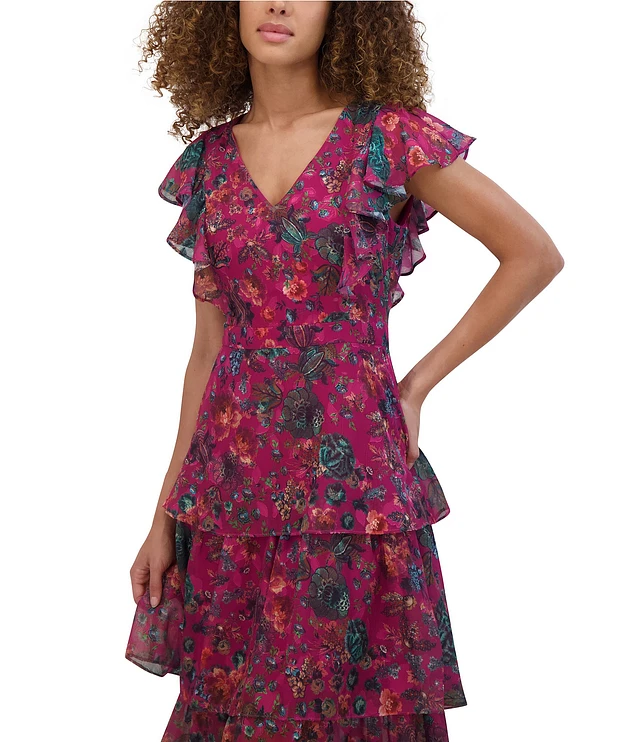 Kensie Floral Burnout Chiffon V-Neck Flutter Sleeve Tiered Kensie Floral Burnout Chiffon V-Neck Flutter Sleeve Tiered