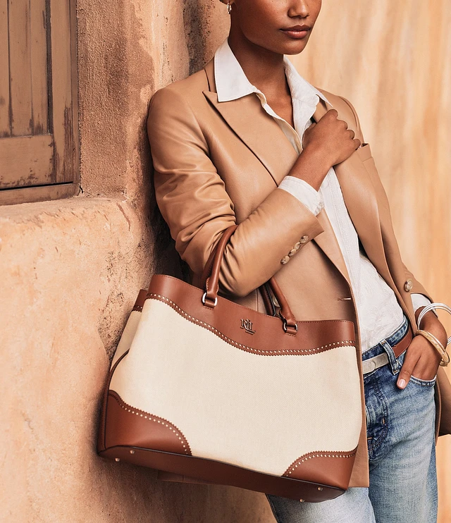 Lauren Ralph Lauren Marcy Straw Leather Contrast Trim Large Lauren Ralph Lauren Marcy Straw Leather Contrast Trim Large