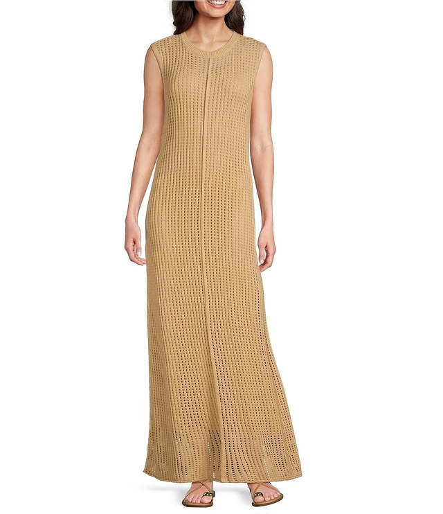 Le' AL.X Knit Crochet Crew Neck Sleeveless Shift Maxi Dress at