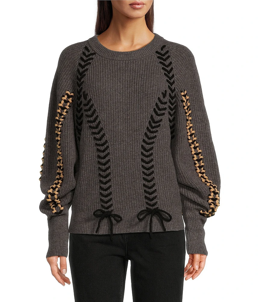 Le' AL.X Wool Blend Knit Braided Crew Neck Long Blouson