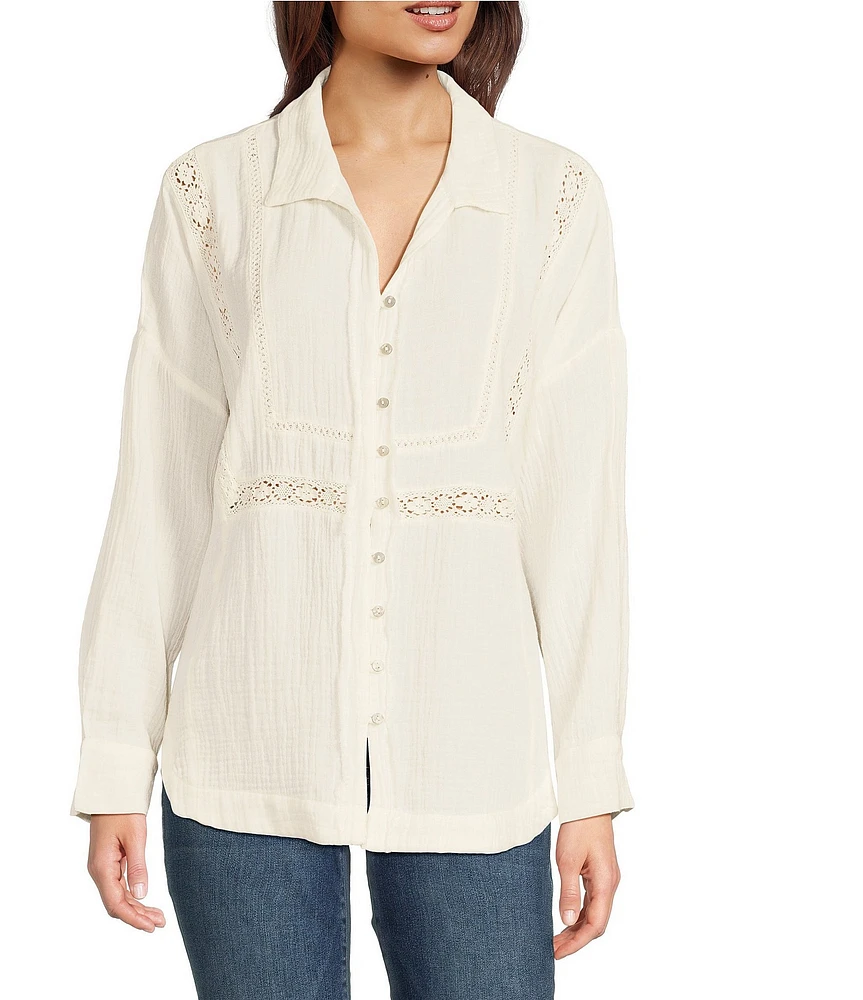 Lucky Brand Gauze Lace Trim Spread Collar Long Sleeve Button
