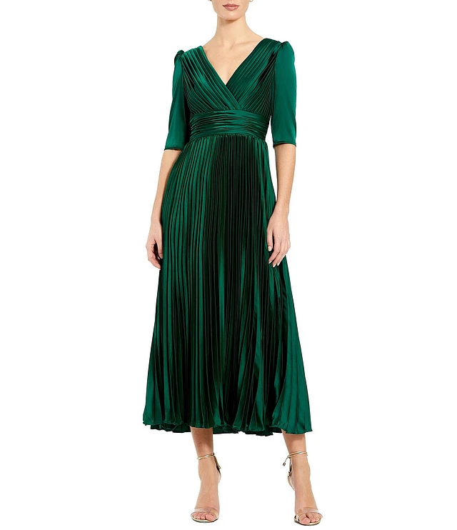 Mac duggal サテン プリーツ袖 Vネック ミディアム ドレス Mac Duggal Pleated Satin V-Neck Long Sleeve Fit and Flare