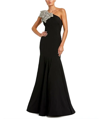 【Mac Duggal】Crepe One Shoulder Midi Dress With Flower Mac Duggal Women's Crepe One Shoulder Flower Detail Midi