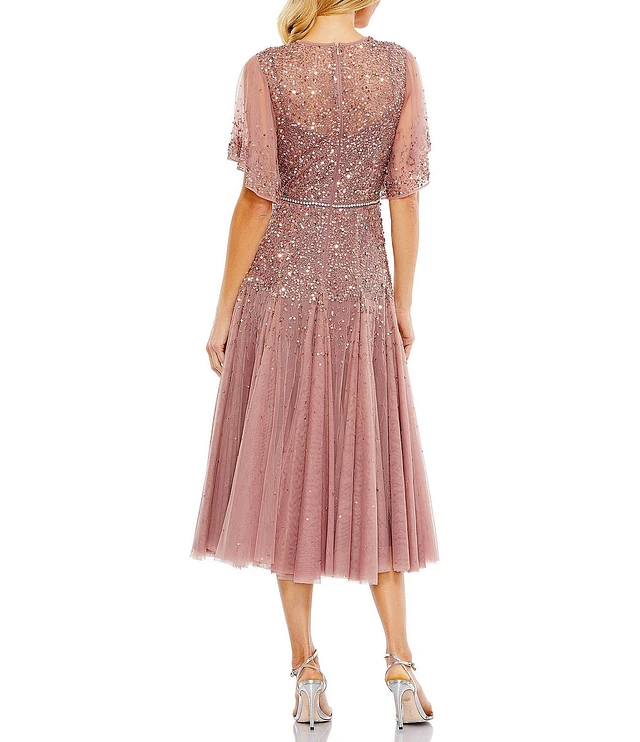Mac Duggal Embellished Illusion Crew Neck Short Butterfly