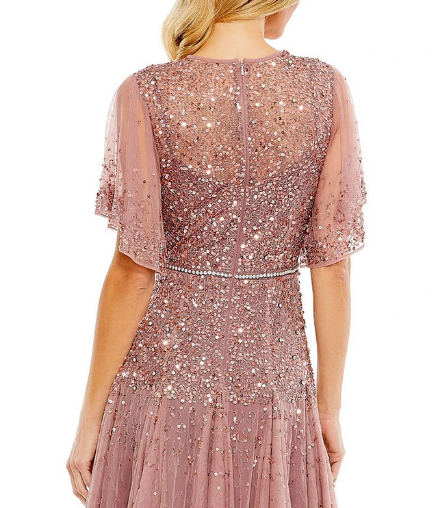 Mac Duggal Embellished Illusion Crew Neck Short Butterfly