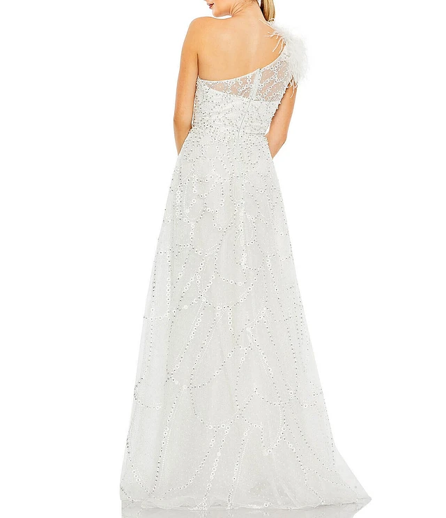 【Mac Duggal】 スクープネック フリンジ ガウン Mac Duggal Crew Neck Sleeveless High-Low Hem with Feather