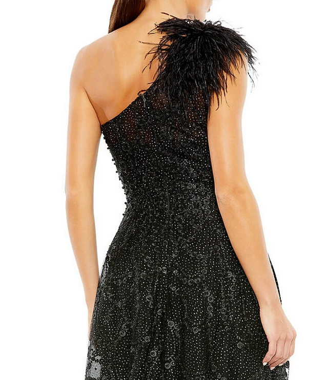 Mac Duggal Crew Neck Sleeveless High-Low Hem with Feather