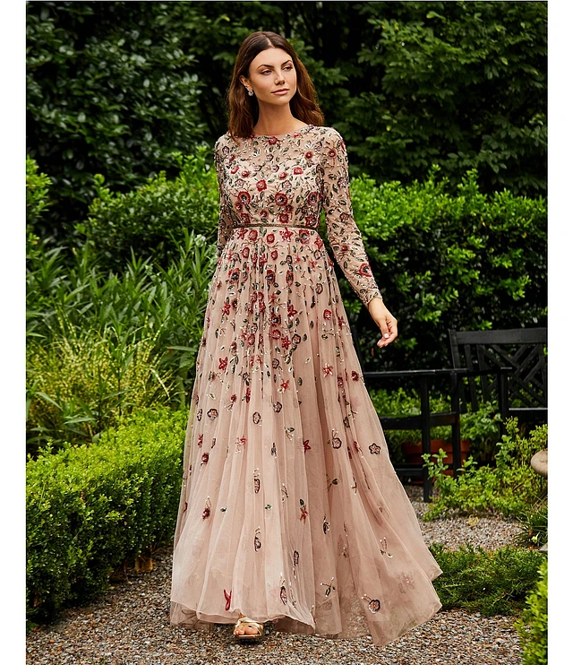 Mac Duggal Floral Beaded Sequin Long Sleeve Blouson Gown