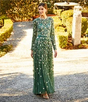 Mac Duggal Floral Beaded Crew Neck Long Sleeve Pleated