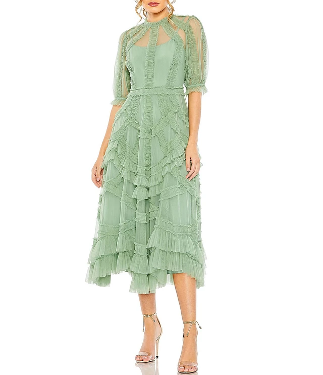 Mac Duggal Mock Neck Short Sleeve Tiered Ruffled Pleated