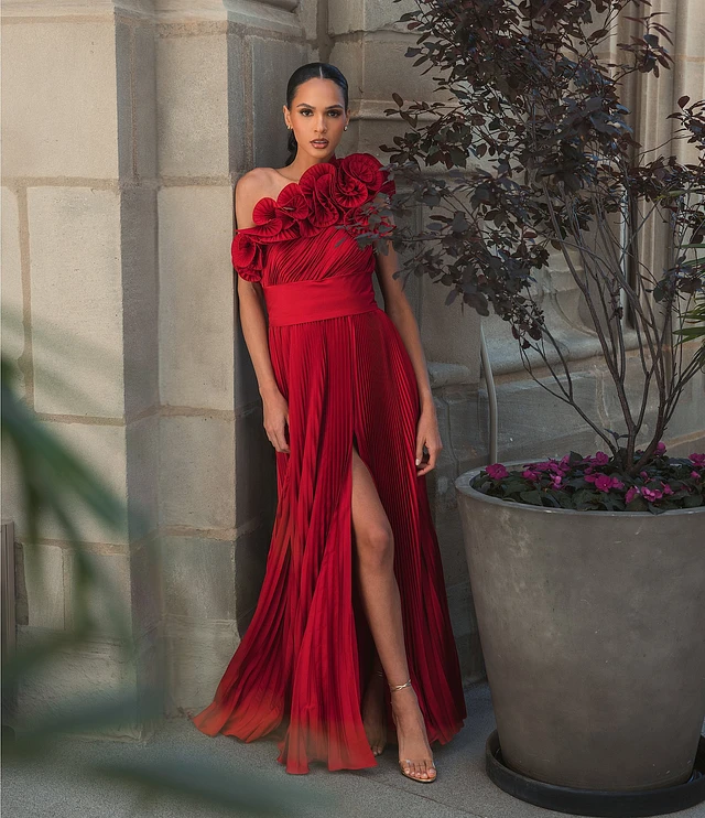 Mac Duggal Pleated Charmeuse One Shoulder Sleeveless Ruffle