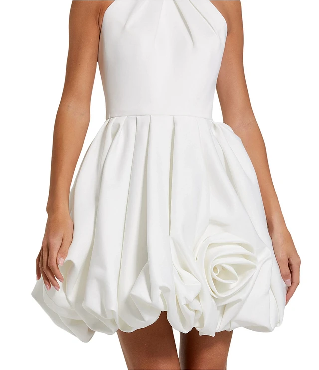 Mac Duggal Satin Mock Neck Sleeveless Ruched Rosette Bubble