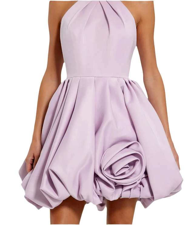 Mac Duggal Satin Mock Neck Sleeveless Ruched Rosette Bubble