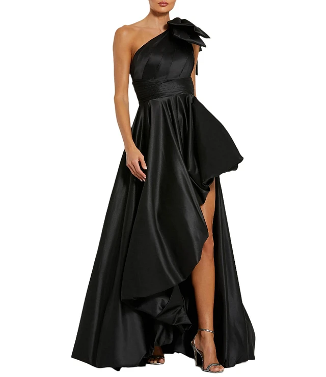 MAC DUGGAL サテン ロングドレス High-Low & One-Shoulder Mac Duggal Beaded Cuff Drop Shoulder Asymmetrical One