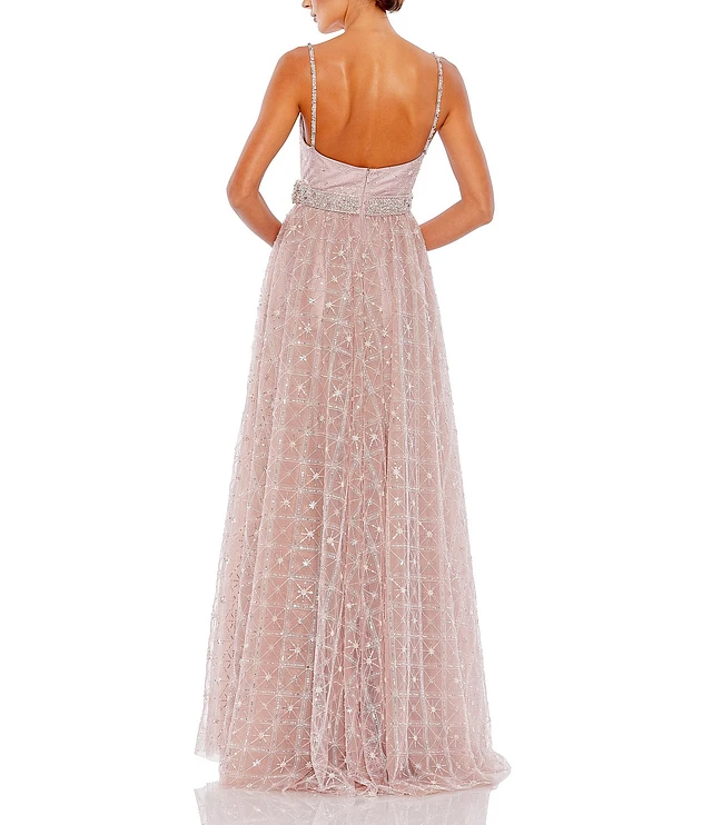 Mac Duggal Sequin Mesh V-Neck Beaded Shoulder A-Line Gown