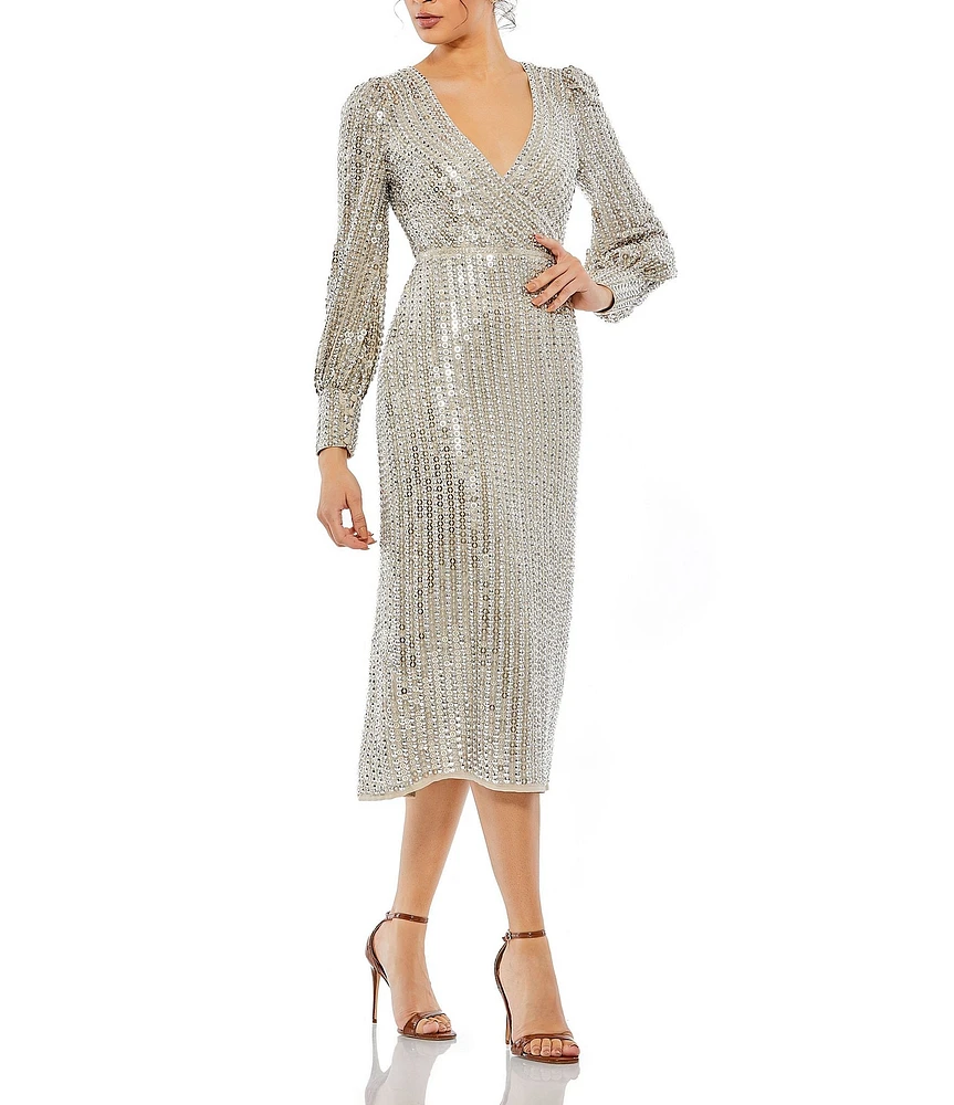 Mac Duggal V-Neck Long Sleeve Sequin Sheath Midi Dress | Liberty Center