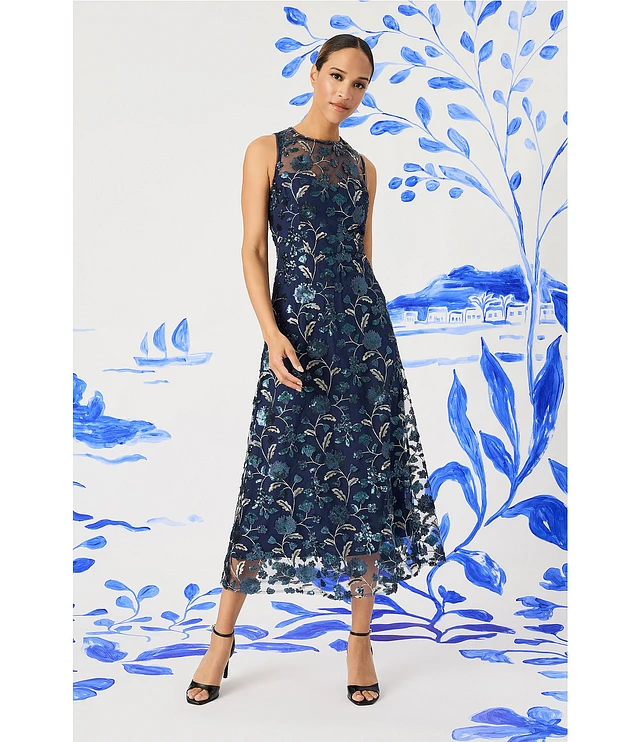Maggy London Illusion Neck Sleeveless Embroidered Sequined