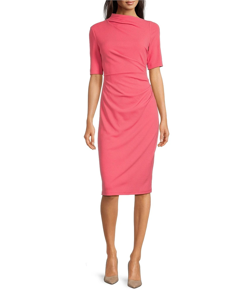Maggy London Mock Neck Short Sleeve Draped Midi Sheath Dress