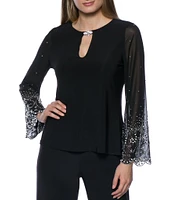 ワンピース melt the lady sleeve design acrylic wool Marina Keyhole Rhinestone Neck Beaded Bell Long Sleeve Matte