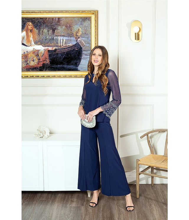 Marina Keyhole Rhinestone Neck Beaded Bell Long Sleeve Matte