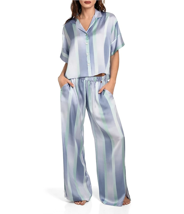 Midnight Bakery Striped Short Sleeve Notch Collar Satin