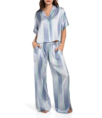 Midnight Bakery Striped Short Sleeve Notch Collar Satin