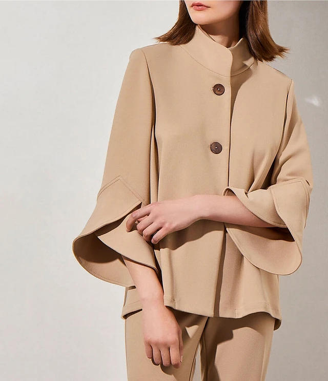 Ming Wang Deco Crepe Woven Stand Collar 3/4 Sleeve Button