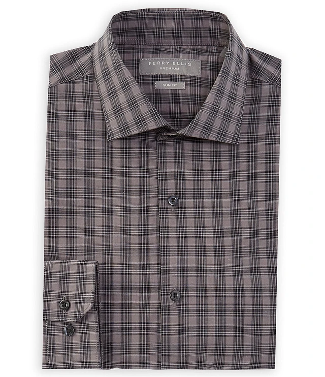 トップス perry Ellis shadow Check shirt Perry Ellis Slim Fit Spread Collar Premium Performance Tech