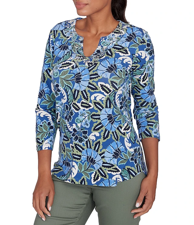 Ruby Rd. Petite Embellished Split Neck Baroque Motif Printed