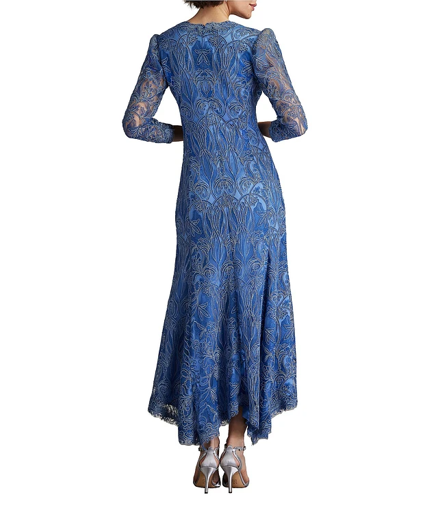 Tadashi Shoji Embroidered Corded Lace V-Neck 3/4 Sleeve High Low