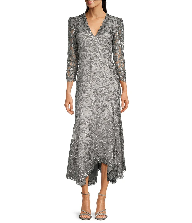 Compare Tadashi Shoji Metallic Sequin Lace V-Neck 3/4 Sleeve