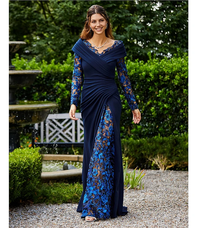 Tadashi Shoji Portrait Collar Lace Inset Crepe A-Line Gown at