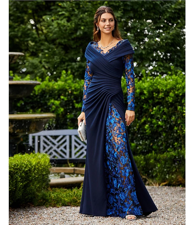 Tadashi Shoji Portrait Collar Lace Inset Crepe A-Line Gown at