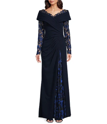 Tadashi Shoji Illusion Lace Long Sleeve Twist Front Crepe