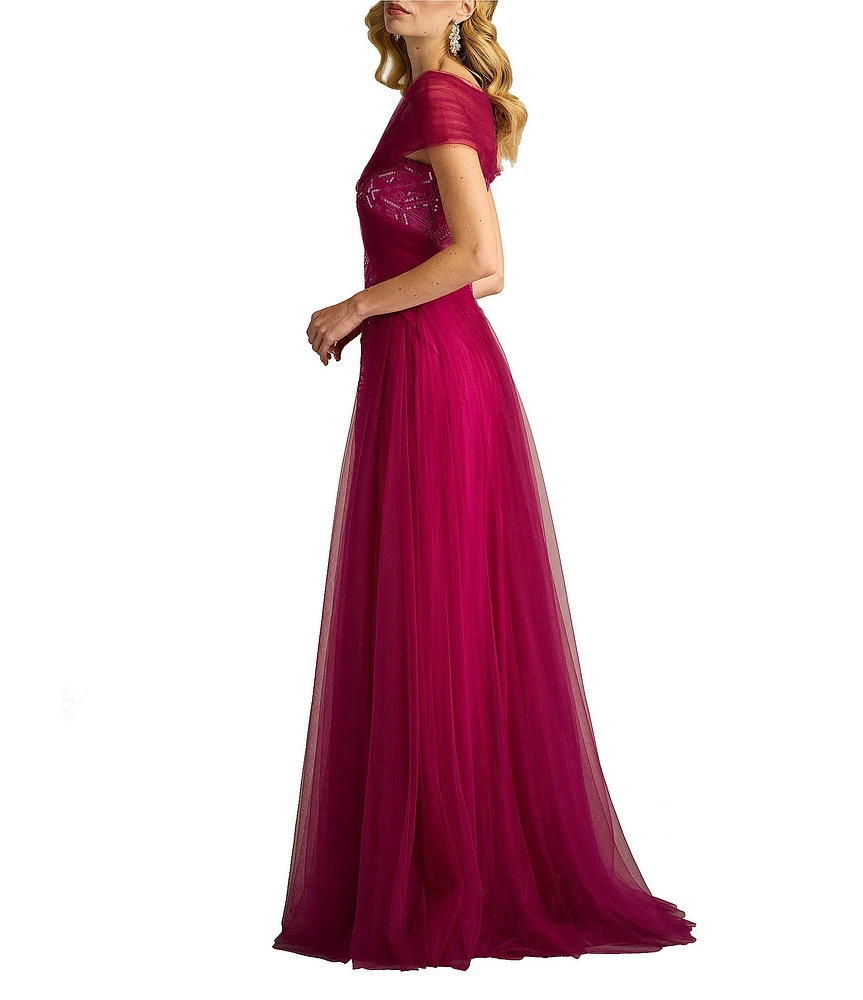 Tadashi Shoji Taffeta Sequin Print V-Neck Cap Sleeve Gown at