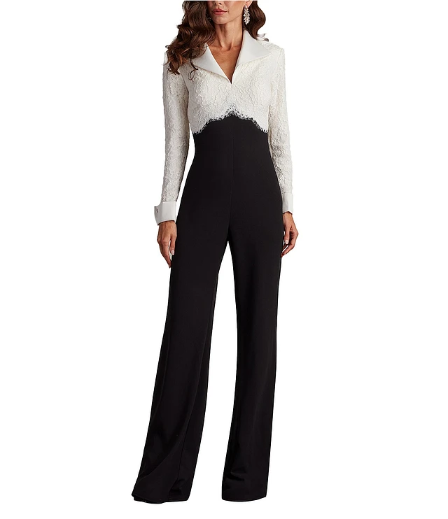 Tadashi Shoji V-Neck Long SLeeve Lace Bodice Crepe Tuxedo Jumpsuit