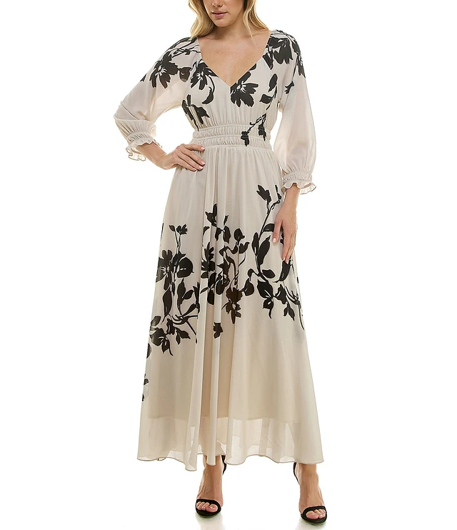 Taylor Floral Print Chiffon V-Neck Long Ruffle Cuff Sleeve