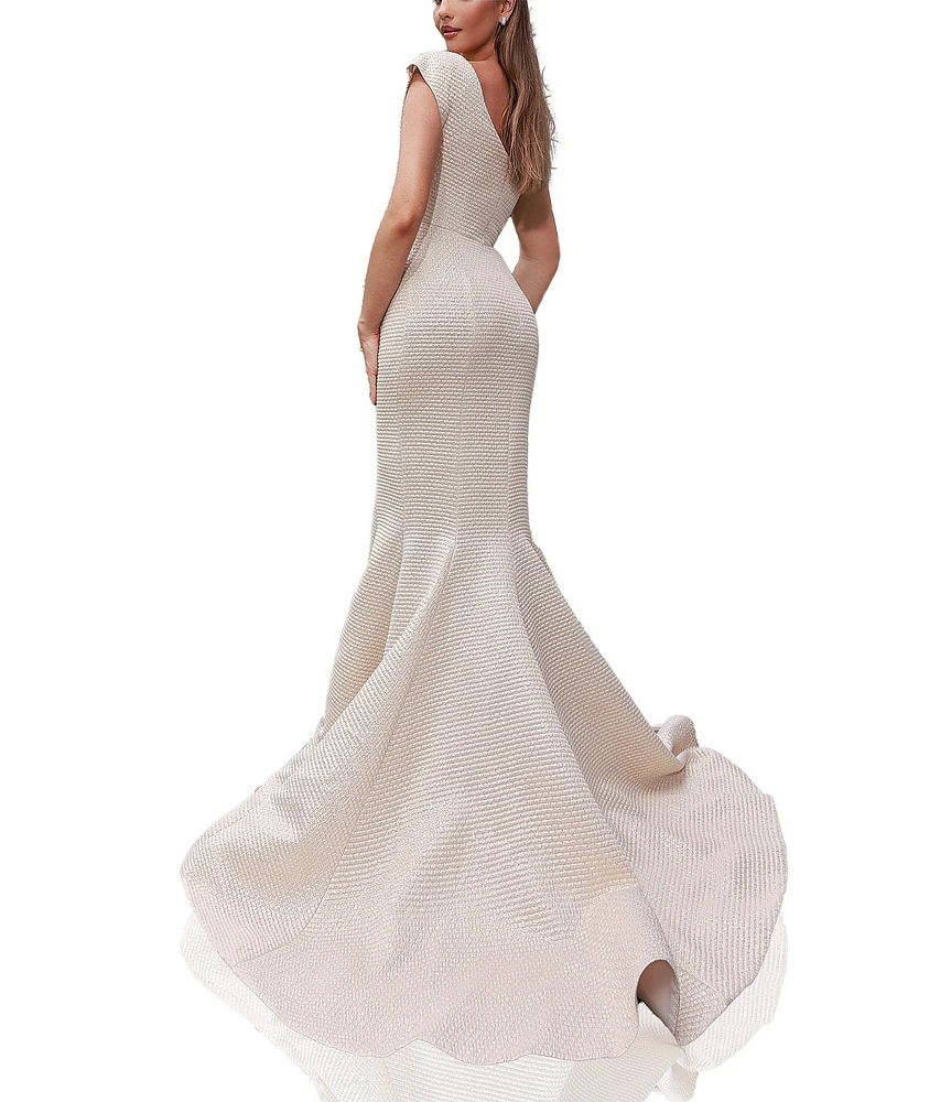 Terani Couture One Shoulder 3D Ruffle Front Front Jacquard Mermaid