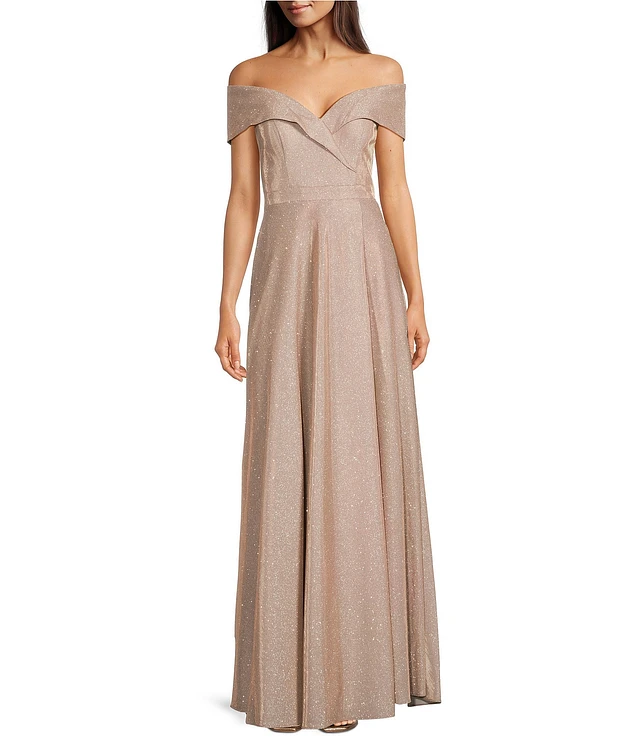 XSCAPE Petite Off-The-Shoulder Metallic Jacquard Gown - Macy's