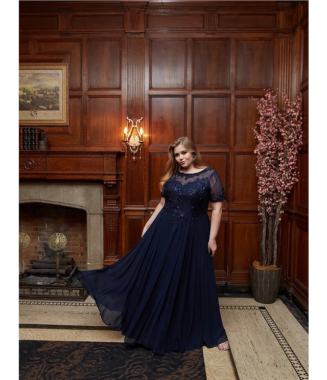 Xscape plus size embroidered illusion gown outlet
