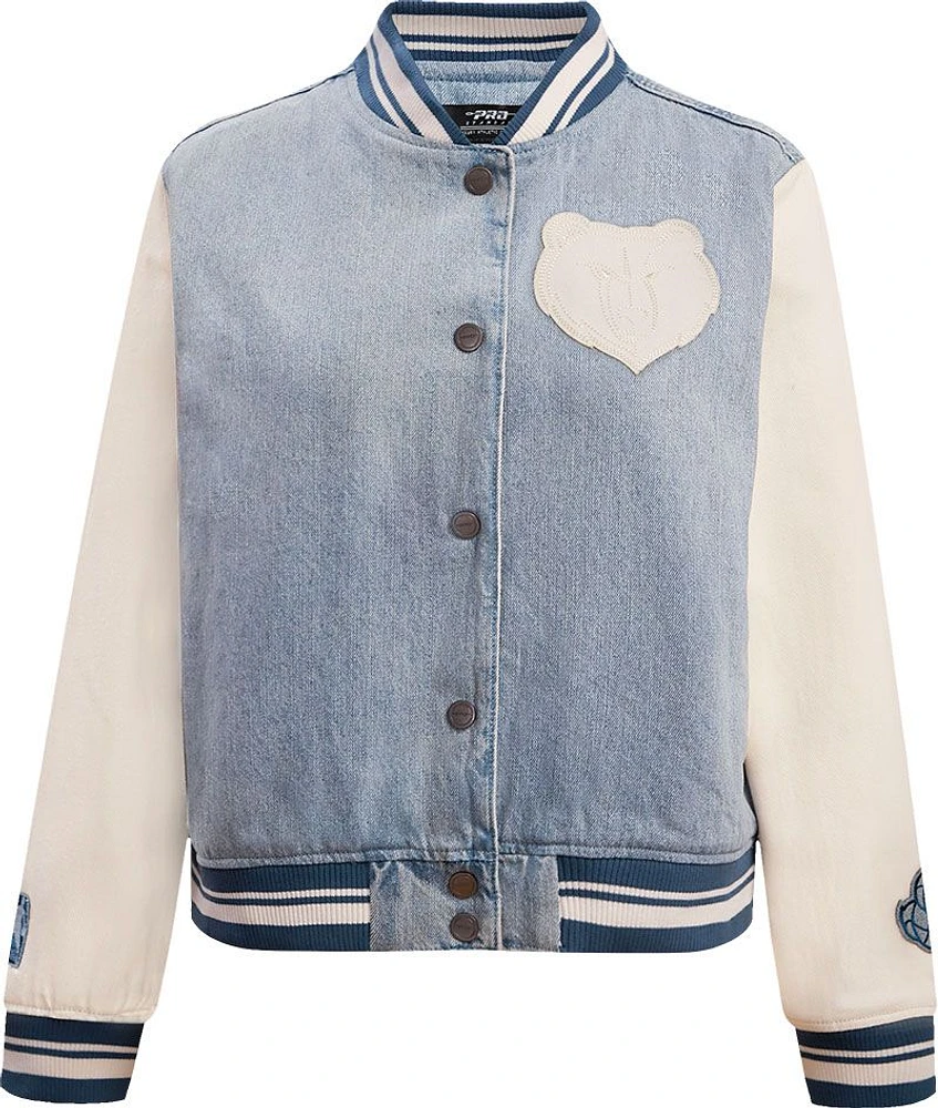 Denim varsity bomber jacket hotsell